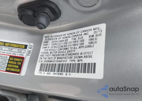 2013 Honda Cr-V Lx z USA, uszkodzony, nr VIN 2HKRM4H31DH641412